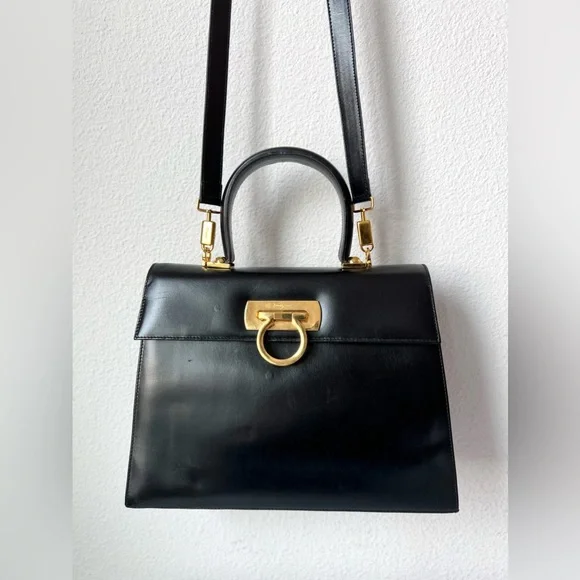 SALVATORE FERRAGAMO Iconic Top Handle Gancini Black Leather Crossbody Bag 212181 - Picture 4 of 16